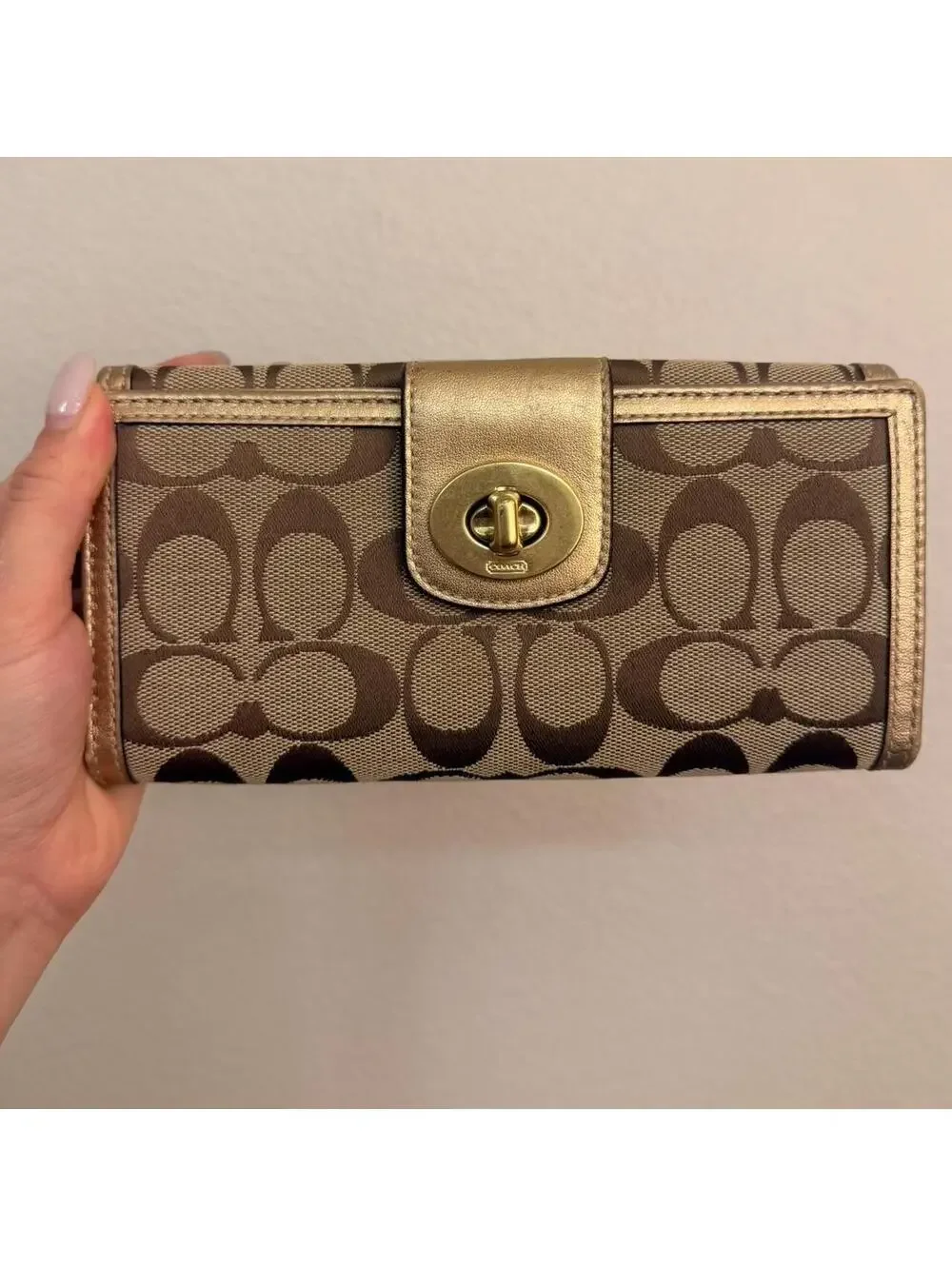 Coach Brown and Gold Canvas Wallet with Gold Turn-lock